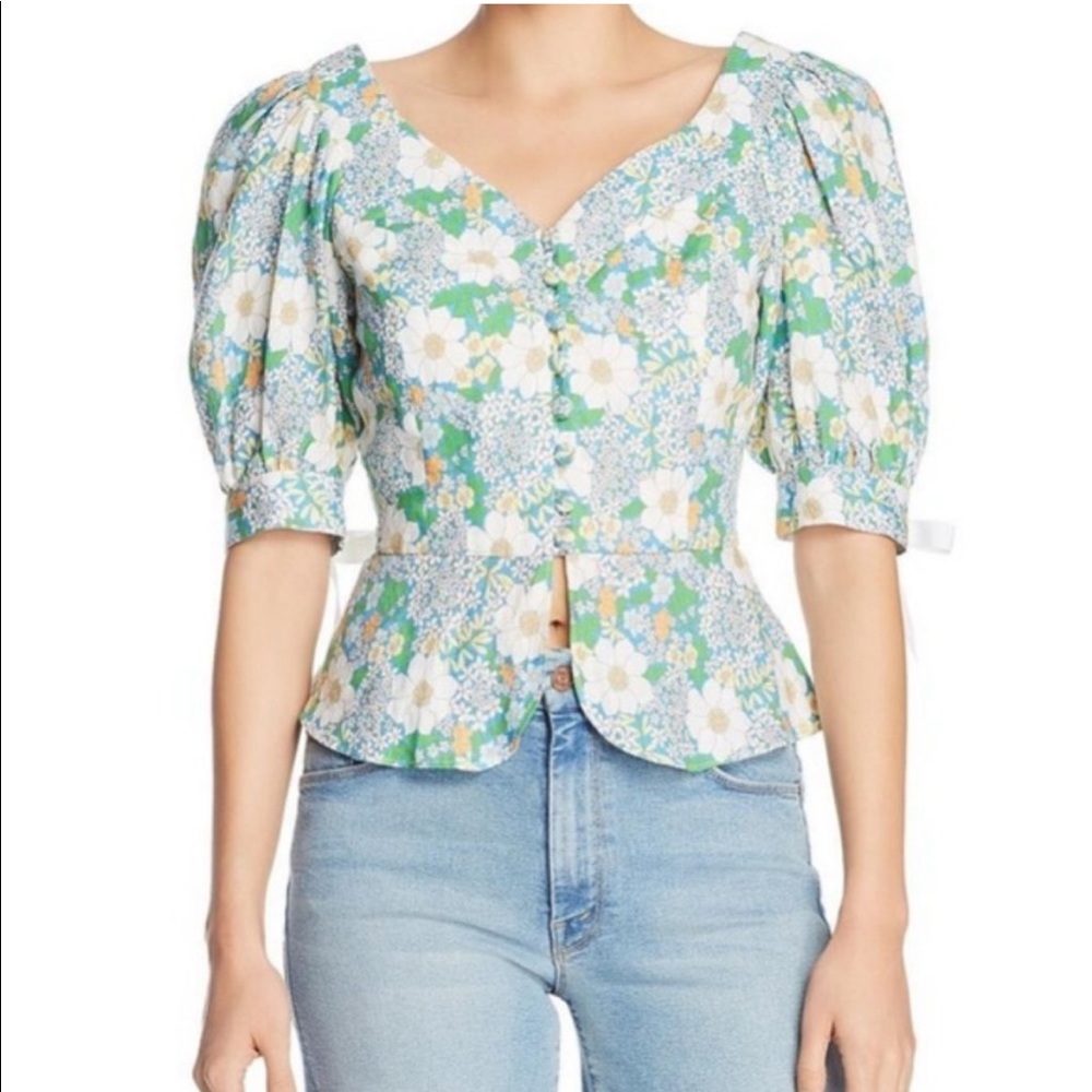 PERSERVERANCE “Mambo Floral Puff Sleeve 100% Linen Top” w Ribbon and Buttons
